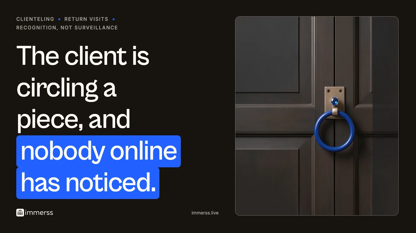 The client is circling a piece, and nobody online has noticed. A ring with a single stone mounted as the knocker on a tall closed door