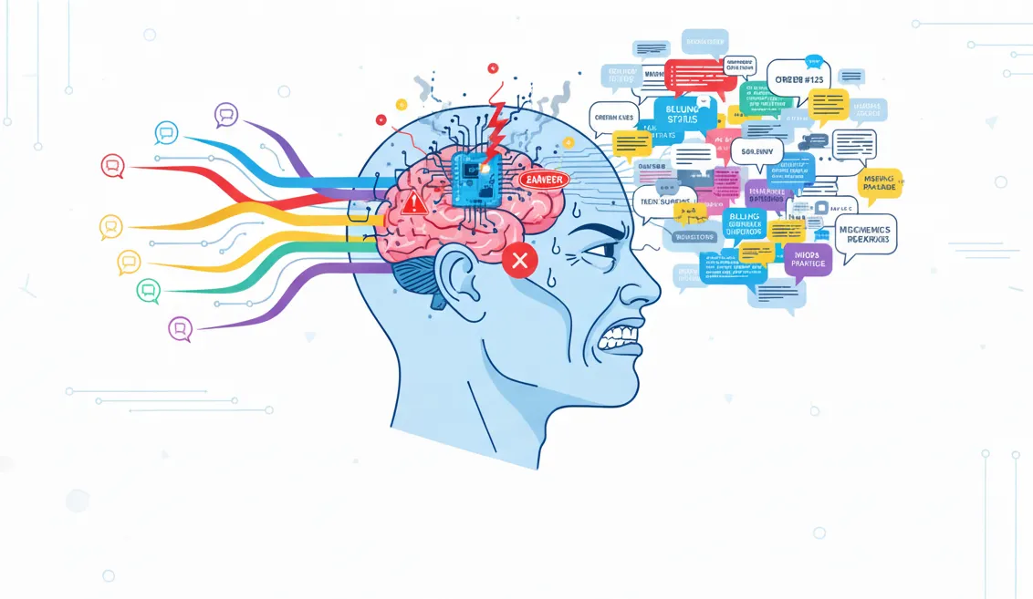 Illustration of human brain overloaded with multiple customer service chats showing cognitive overload and burnout from multitasking