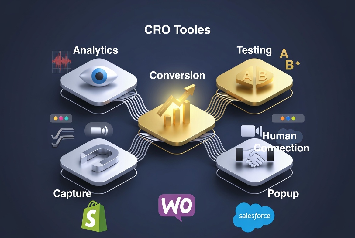 E-commerce CRO tools framework showing behavioral analytics, experimentation, conversion capture, and human-assisted selling categories