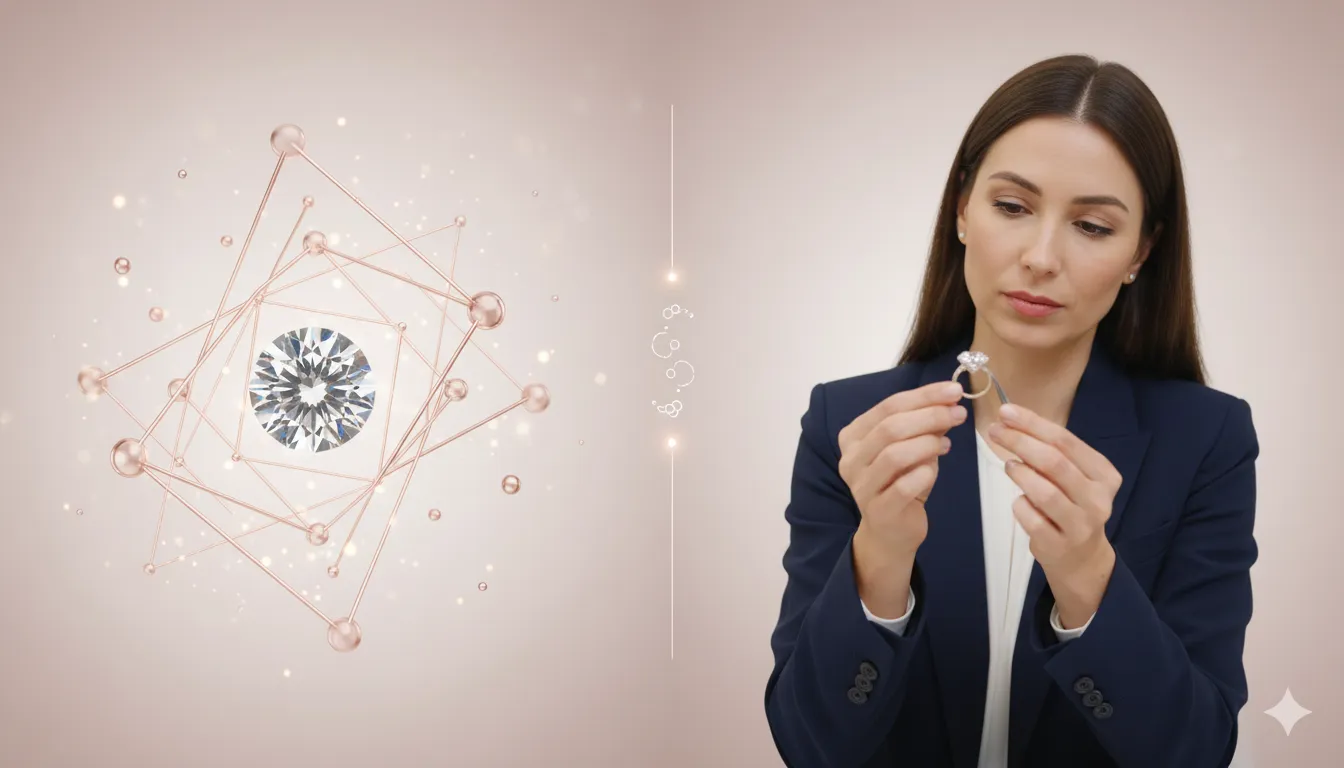 Split image showing AI diamond analysis technology on left and jewelry expert examining ring on right, representing hybrid AI and human expertise model