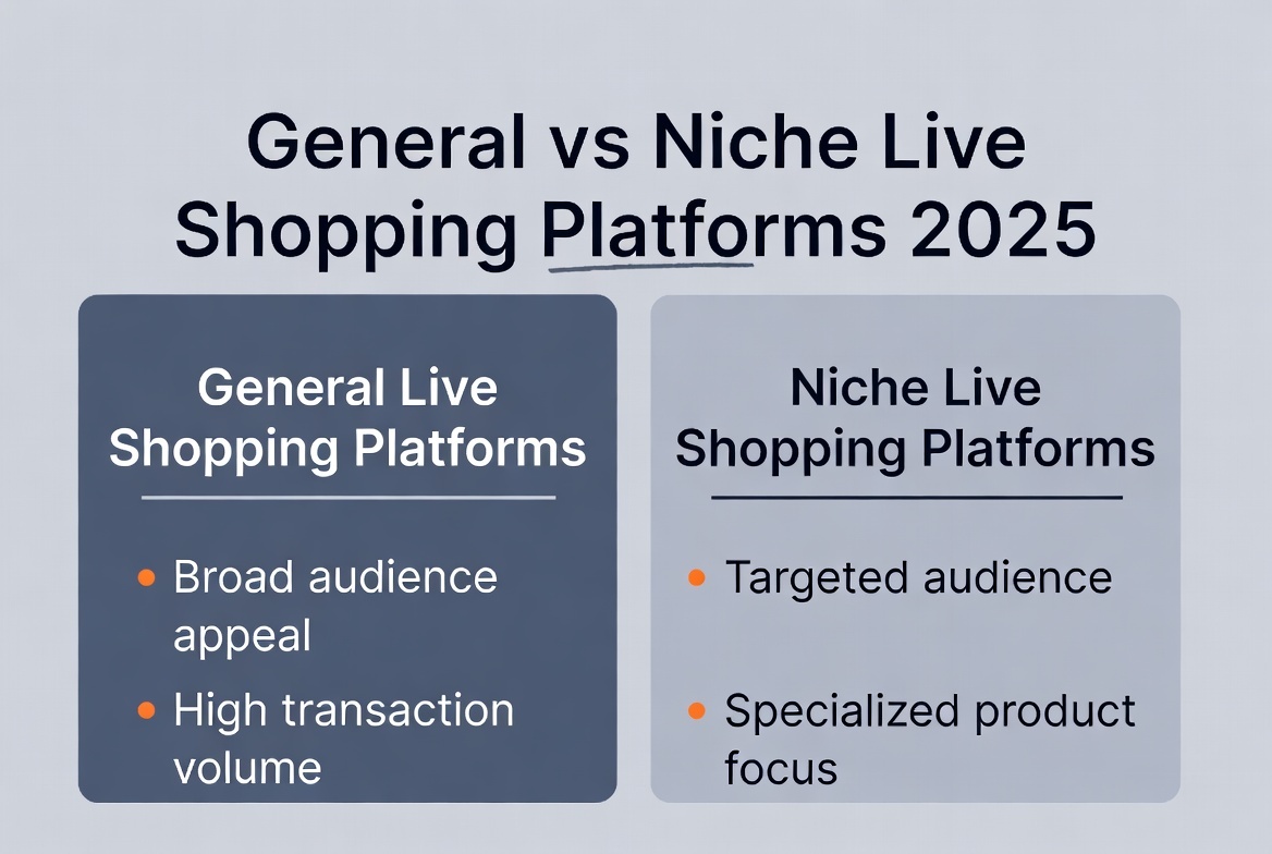 Comparison chart showing General vs Niche Live Shopping Platforms 2025 - General platforms for broad audience appeal and high transaction volume versus Niche platforms for targeted audience and specialized product focus