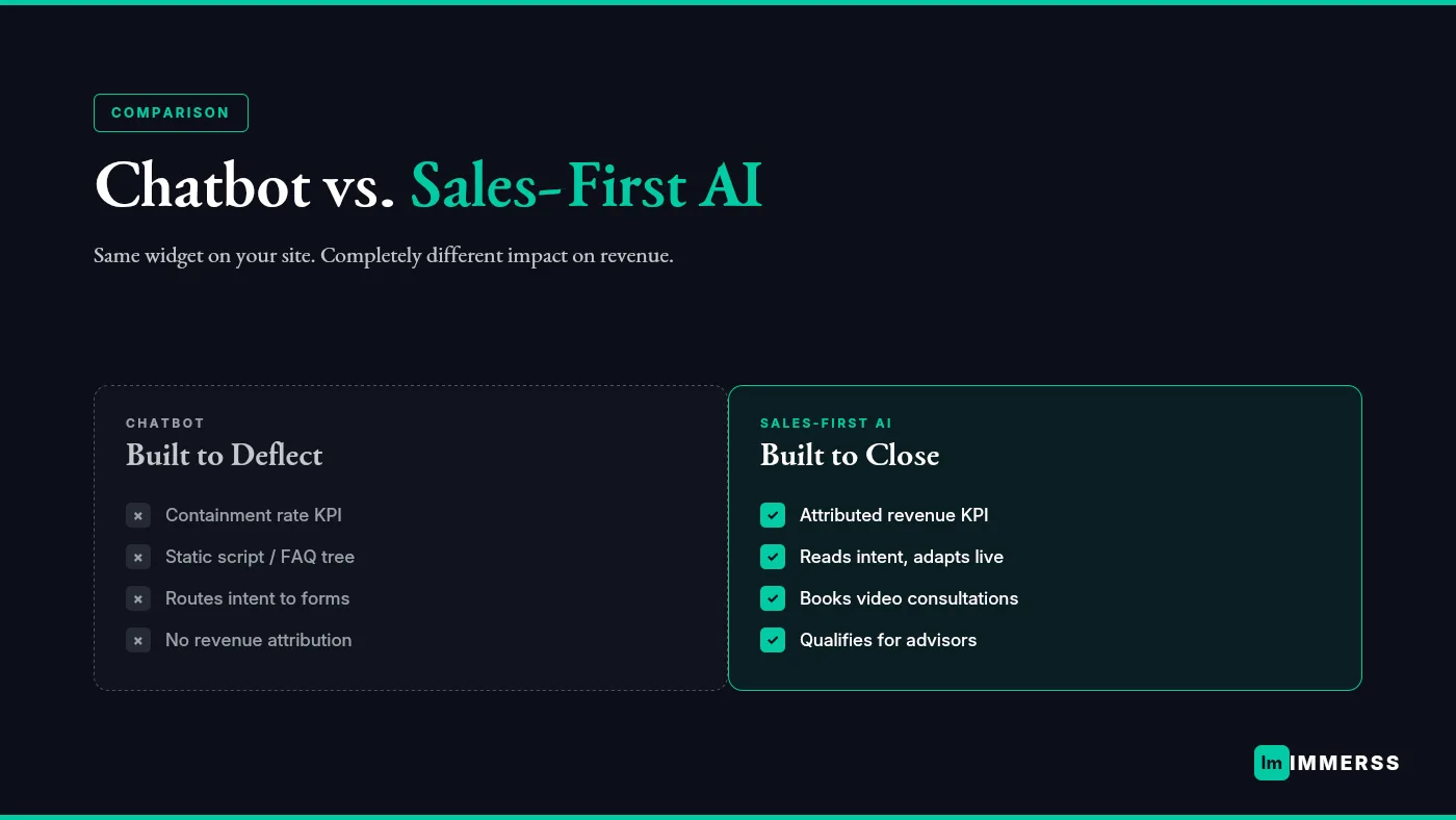 Sales-first AI vs. chatbots for luxury retail — intent-driven qualification and live video consultations vs. FAQ deflection