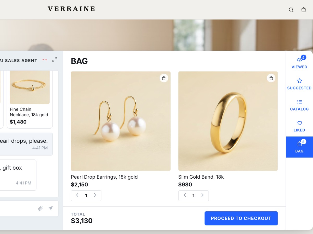 The item is in the shopper's bag, with the total and the checkout button in the widget's own bag tab.