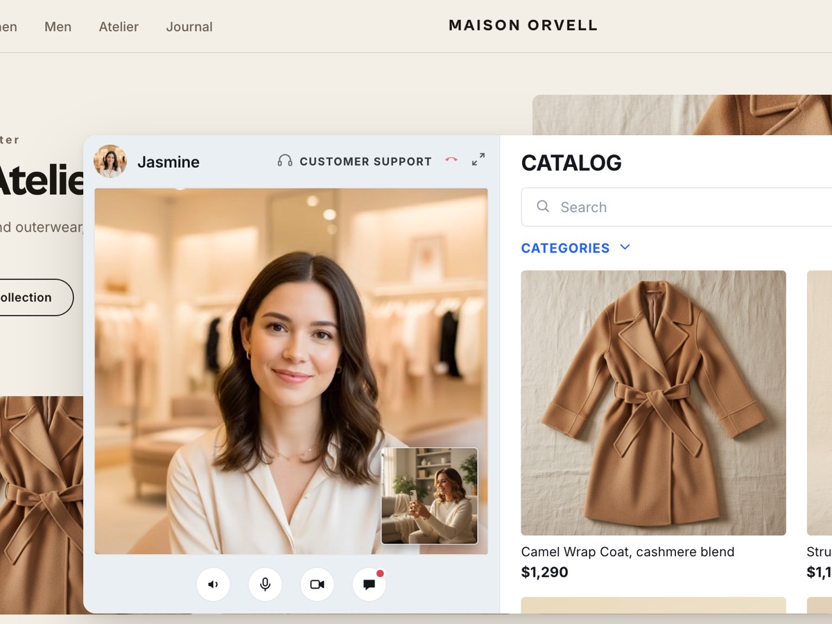 A named advisor joins the shopper on live video inside the storefront, with the store's catalogue beside the call.