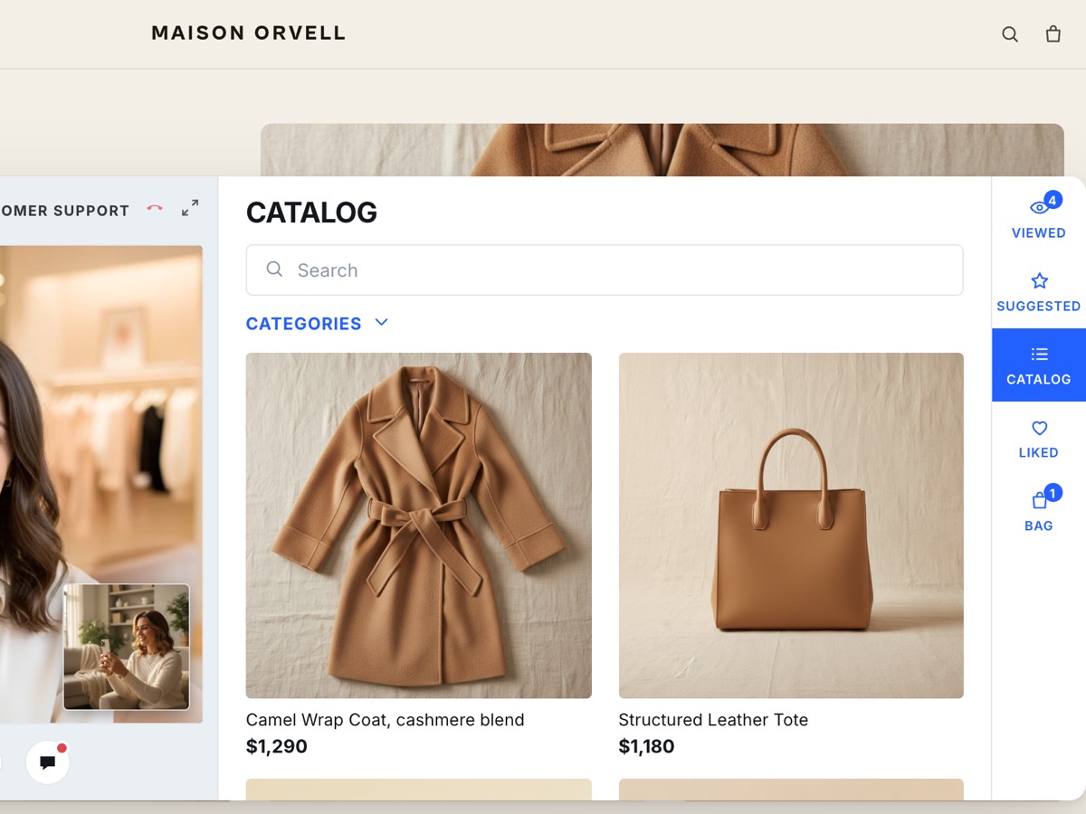The advisor works the store's own catalogue during the call, with products and prices in the session.