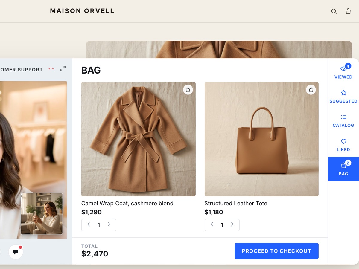 The shopper's bag inside the call, with two items, the total and the checkout button.