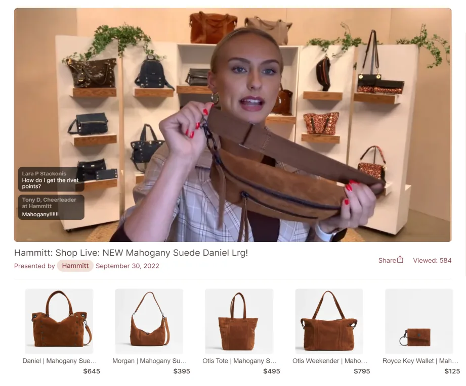 A Hammitt live event playing on their own site, with live chat and a row of shoppable products underneath.