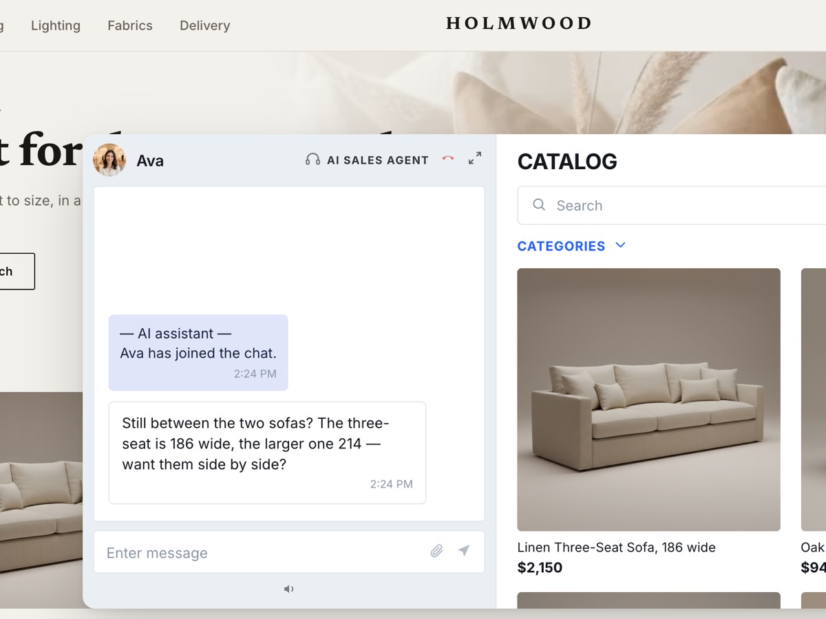 A furniture storefront with the AI sales agent offering to show two sofa widths side by side.