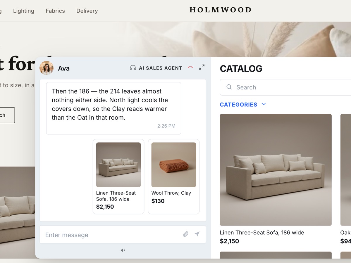 The agent recommending the narrower sofa and a warmer cover, both shown with prices inside the conversation.