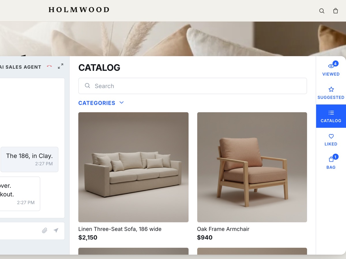 The bag inside the storefront widget with the sofa and a table lamp, and the total.