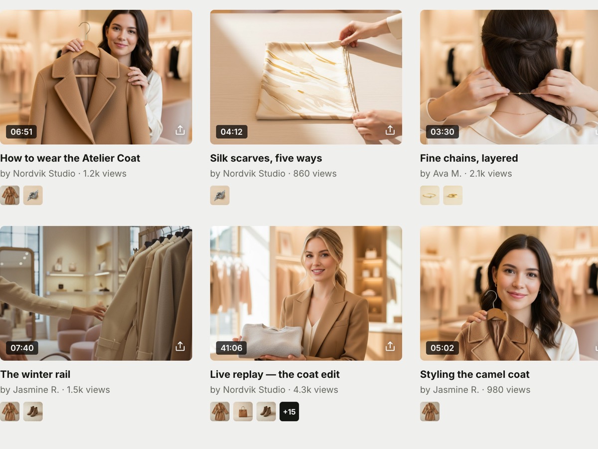 A library of shoppable videos on a brand's own site: six films laid out in a grid, each with its running time, who made it, how many views it has, and small tiles of the products it features — one of them marked plus fifteen more.