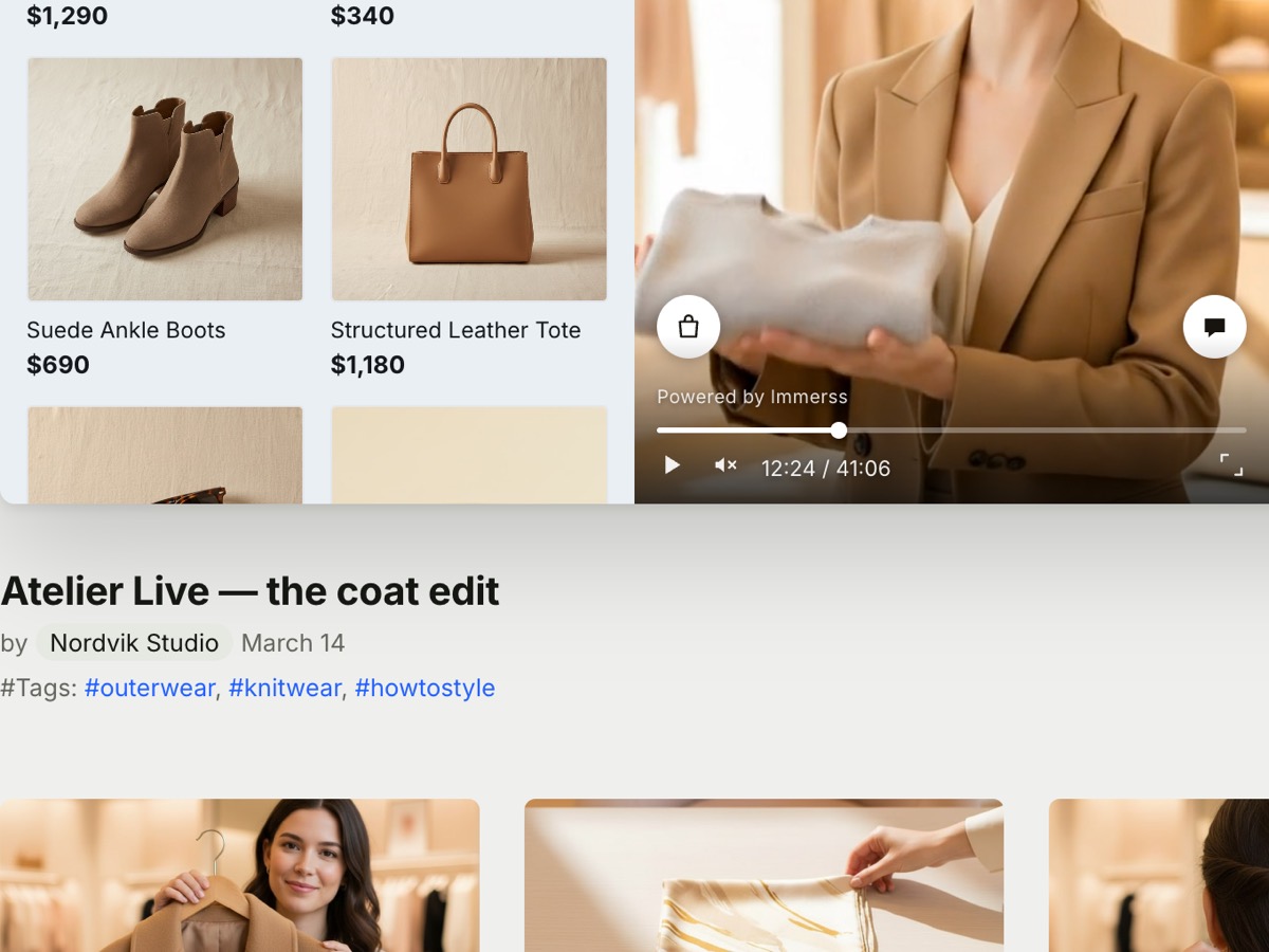 A recorded event playing on a brand's site: the control bar shows twelve minutes into a forty-one minute film, the shop's catalogue with prices sits beside the video, and the recording's own title, author, date and tags are set out underneath it.