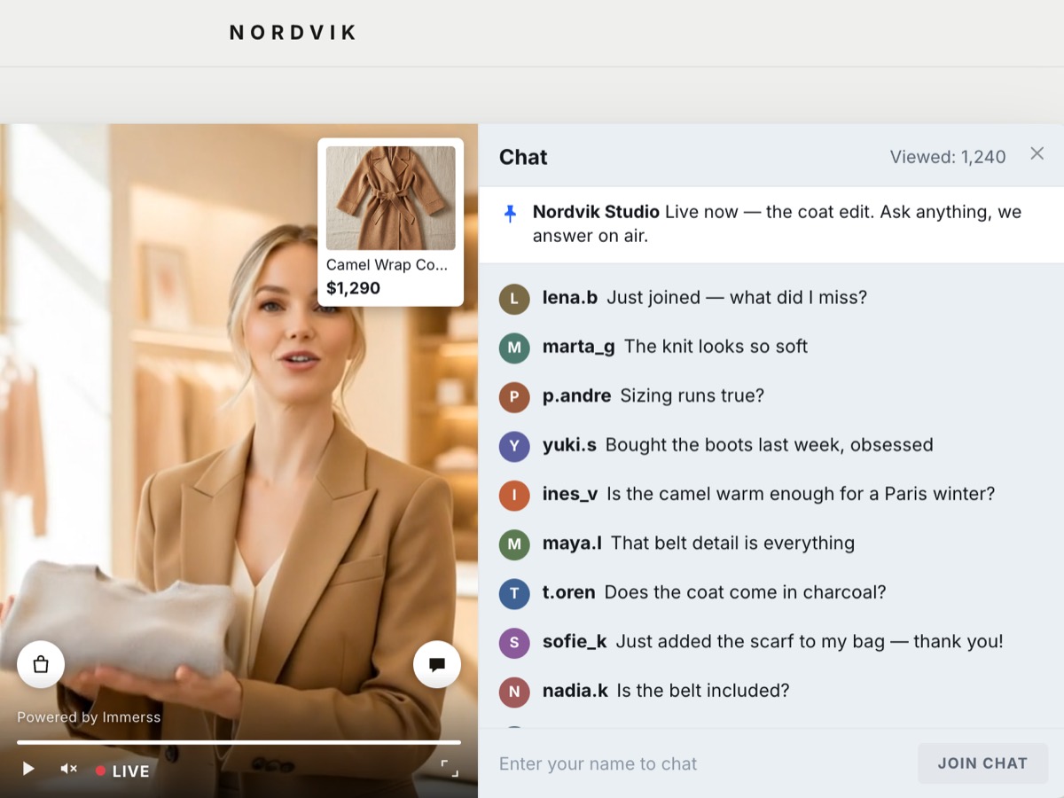 A live shopping event on a brand's own site: the host on camera holding a knit, the LIVE marker under the video, the piece she is presenting pinned beside it with its price, and the chat panel showing 1,240 viewers and their messages.