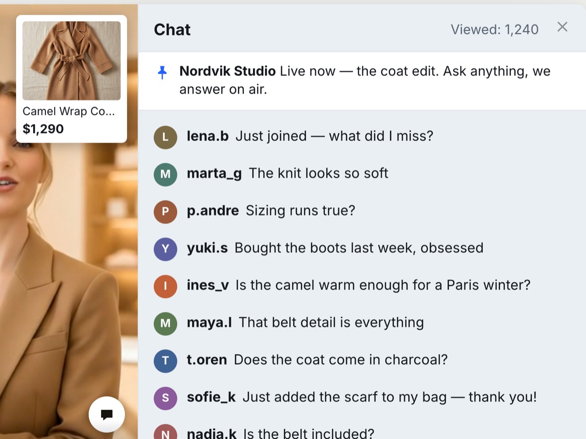 The chat beside a live stream: a pinned message from the brand reading “Live now — the coat edit. Ask anything, we answer on air”, viewers asking whether the sizing runs true and whether the coat comes in charcoal, and the pinned product card with its price at the edge of the video.