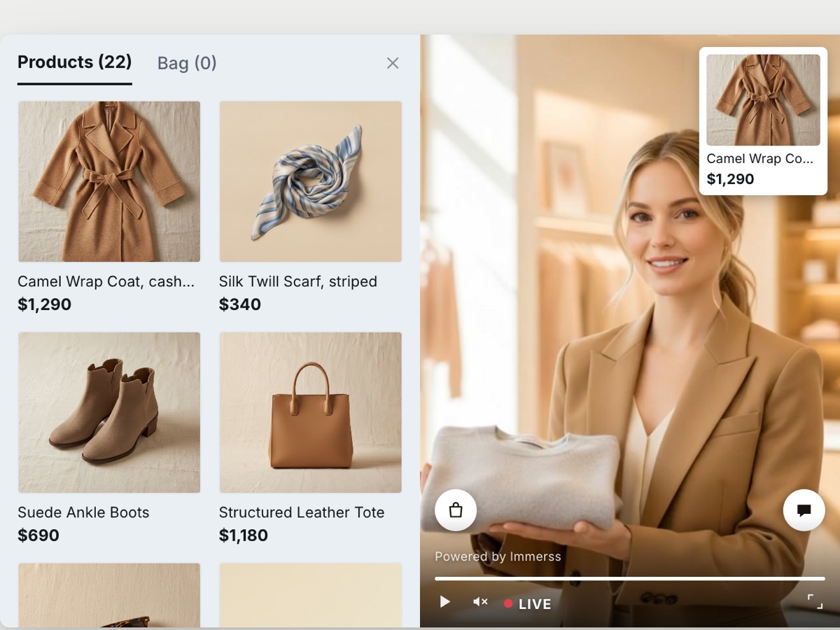 The same live event with the shopping panel open beside the video: a catalogue of 22 products with names and prices, a bag tab, and the coat the host is presenting pinned to the stream at $1,290.
