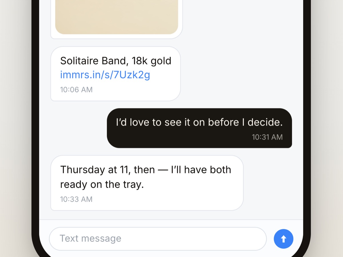 The client replies that she wants to see the piece on, and the advisor names a time: the outreach has become an appointment.