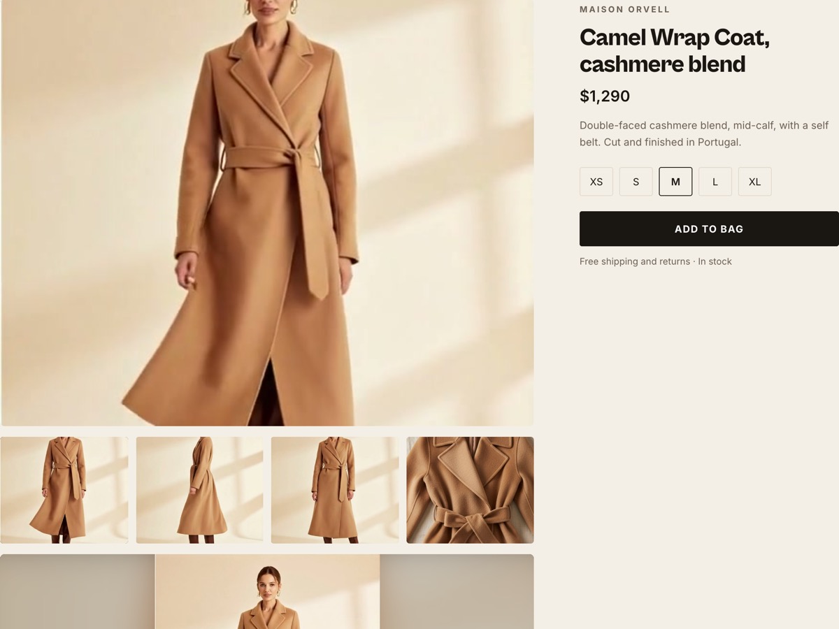 A brand's product page with an Immerss video under the photo gallery: the shop's own product name, price, description, size selector and add-to-bag button run down the right-hand column, unchanged.