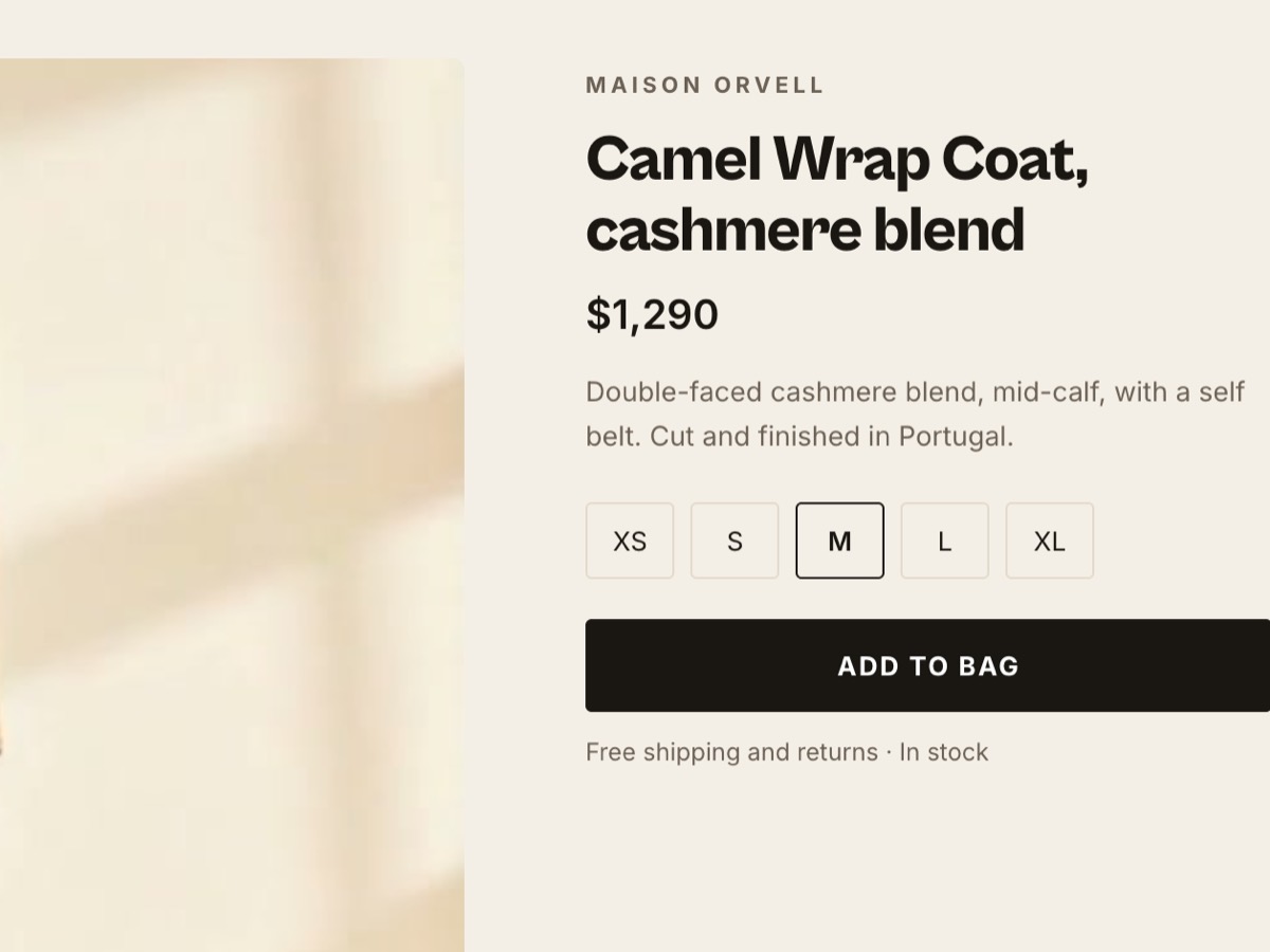 The buying column of a product page seen close up: the brand's name above the product title, the price, the fabric description, the size selector with M chosen, the add-to-bag button and the shipping line — all of it the shop's own.