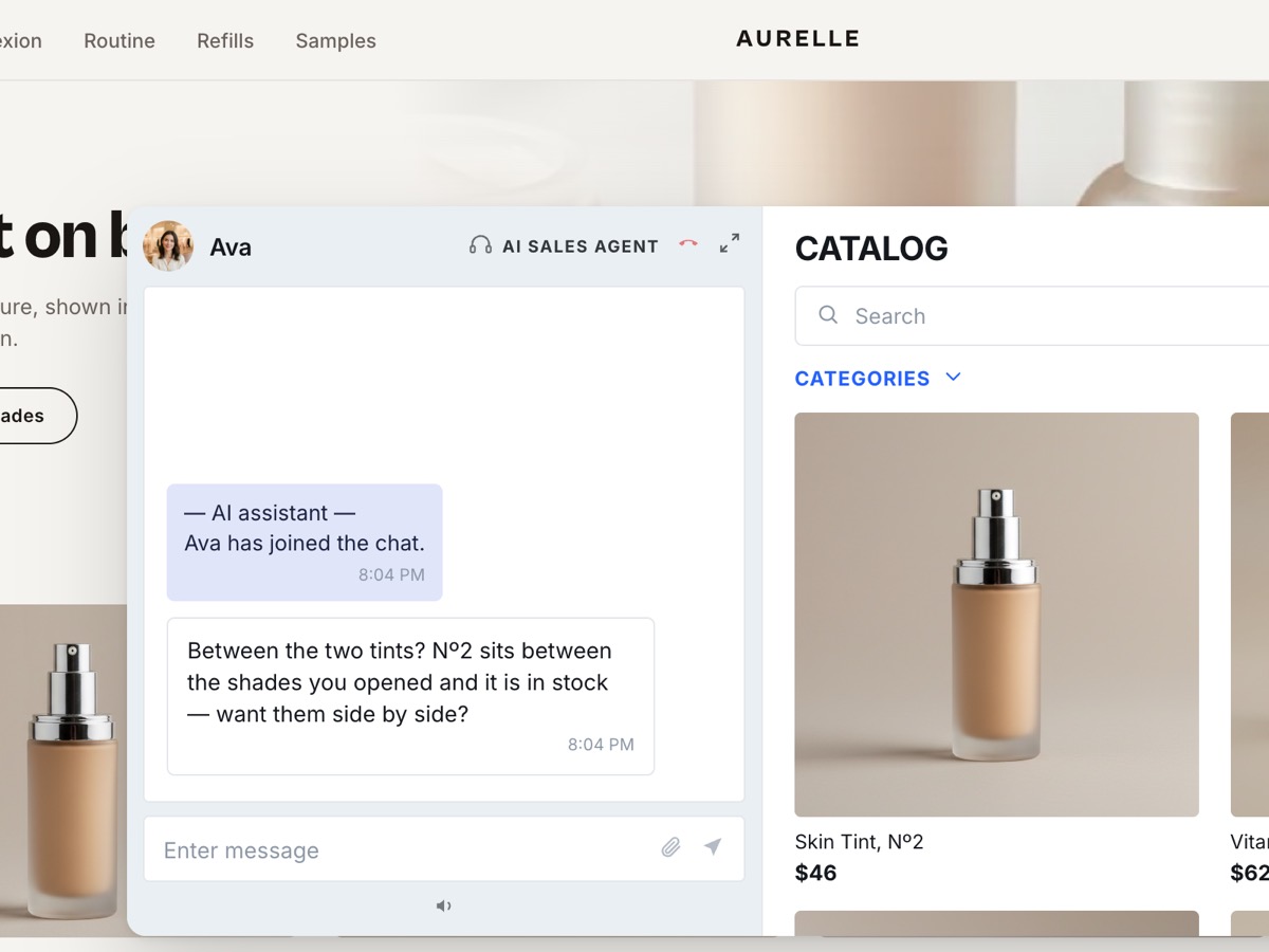 A skincare storefront with the AI sales agent offering to show two skin tints side by side.