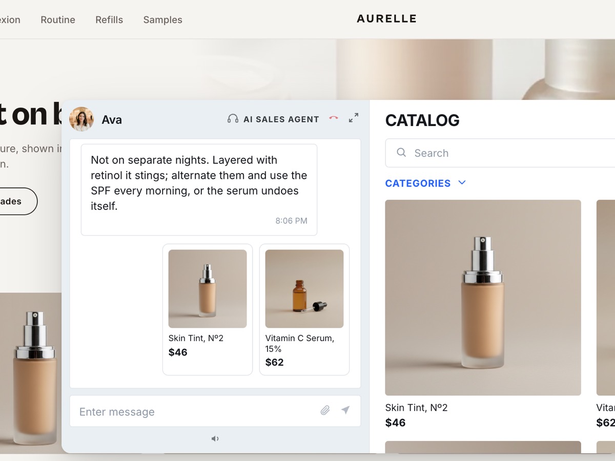 The agent explaining how to alternate two actives, with the tint and the serum shown with prices inside the conversation.
