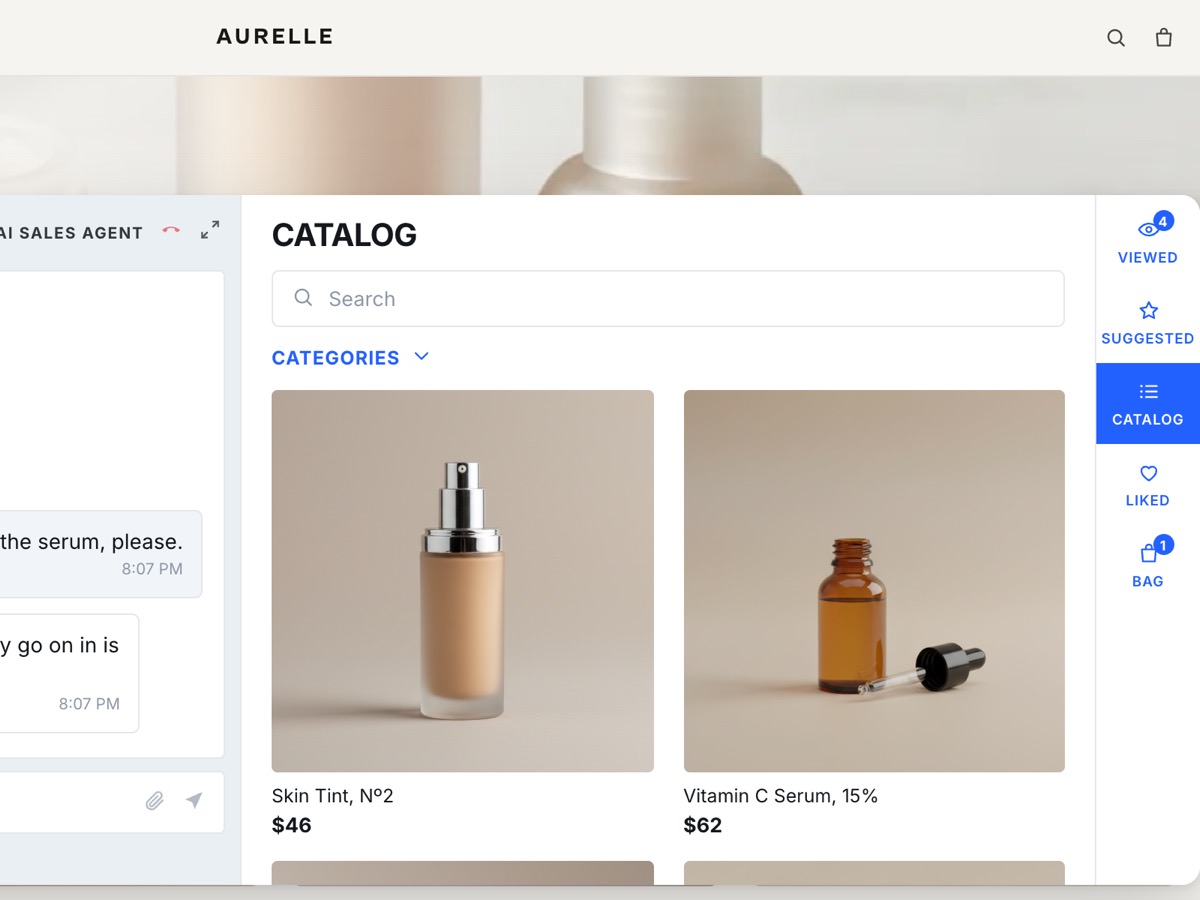 The bag inside the storefront widget with the skin tint and a cleanser, and the total.