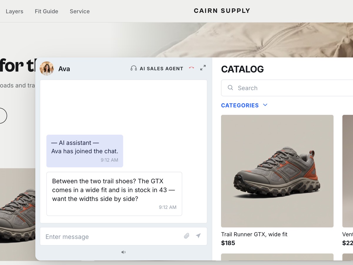 A technical sporting storefront with the AI sales agent offering to show two trail shoes side by side.
