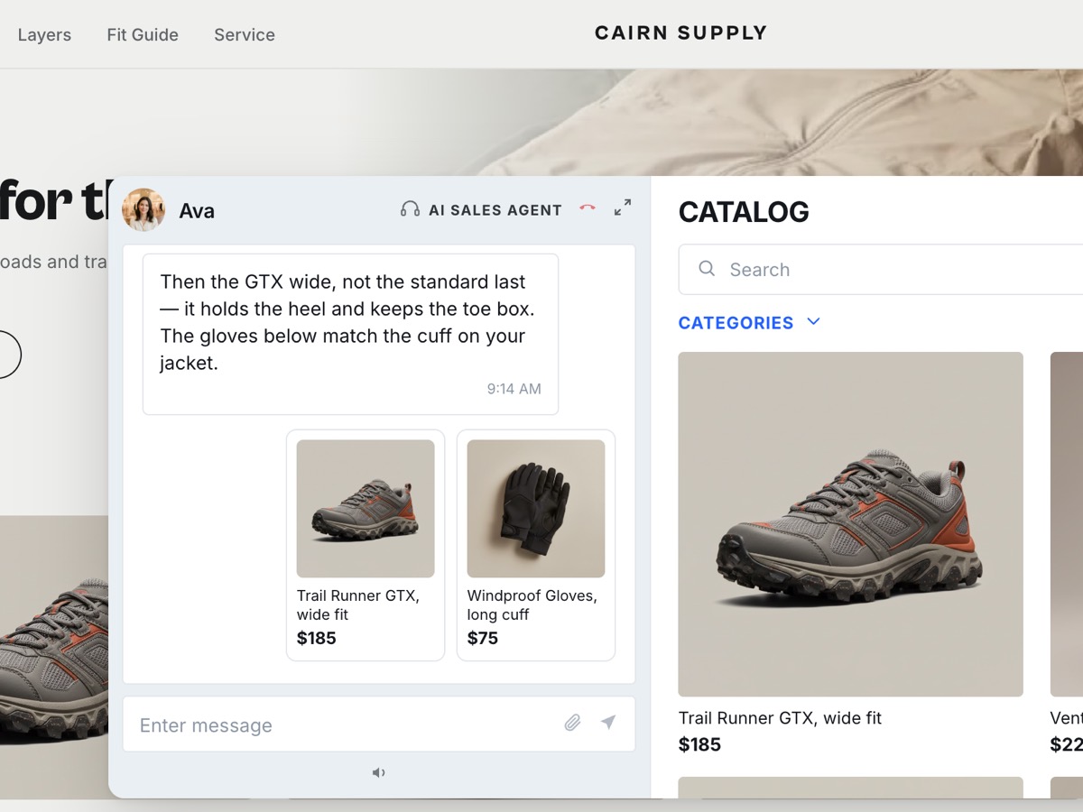 The agent recommending the wide-fit trail shoe with the matching gloves, both shown with prices in the conversation.