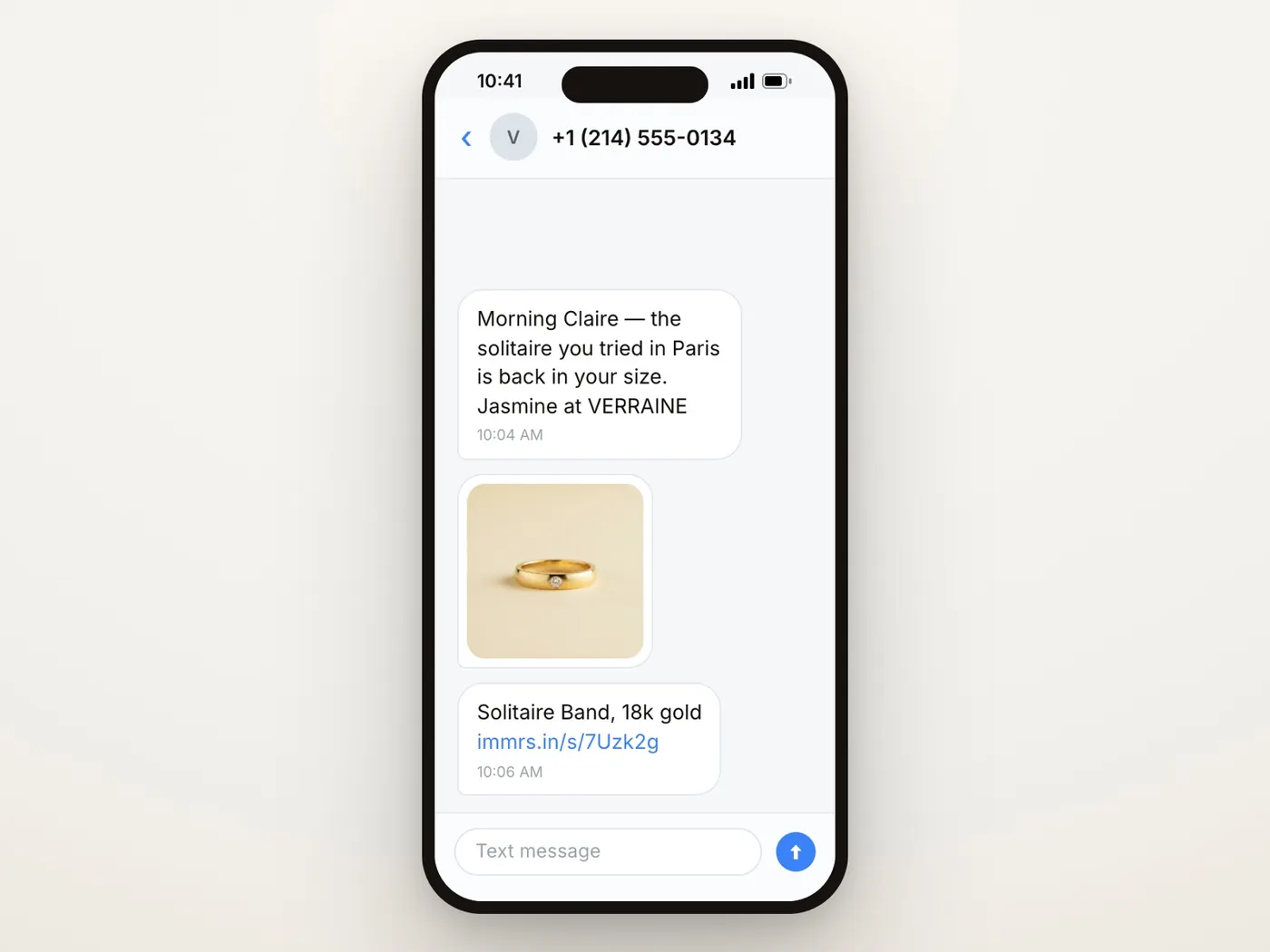 Outbound Clienteling — a text message from the store with the piece and a link to it