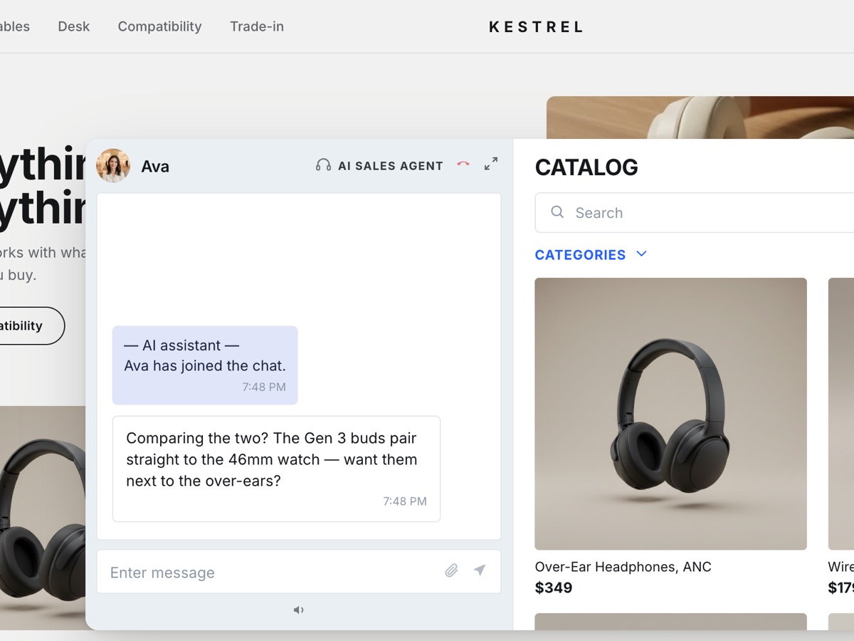 A consumer electronics storefront with the AI sales agent offering to show two sets of headphones side by side.