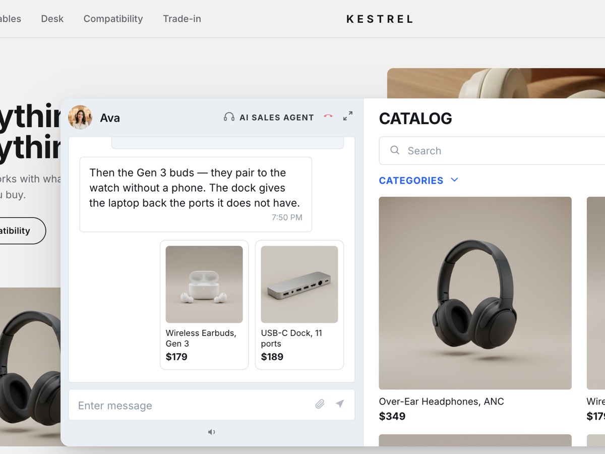 The agent recommending earbuds and a USB-C dock, both shown with prices inside the conversation.