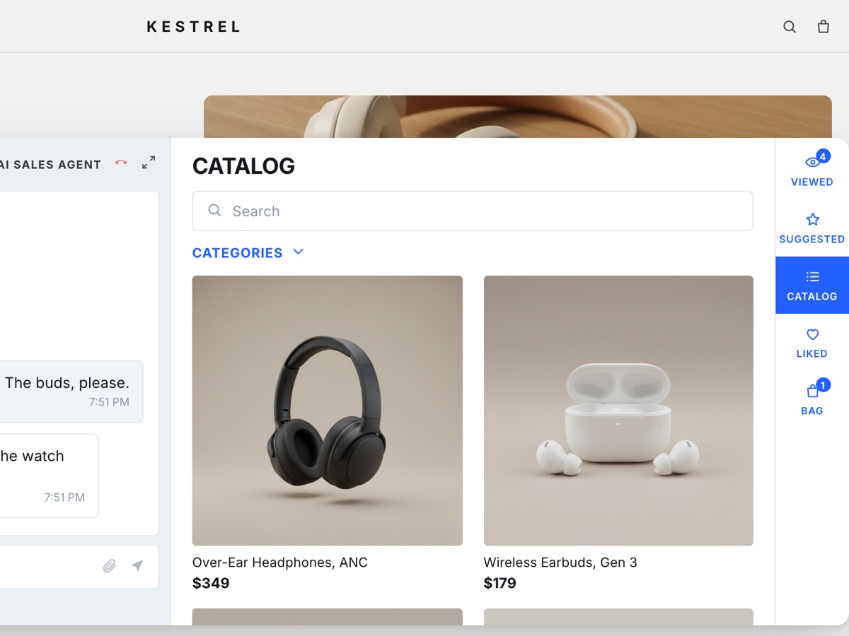 The bag inside the storefront widget with the earbuds and an adapter, and the total.