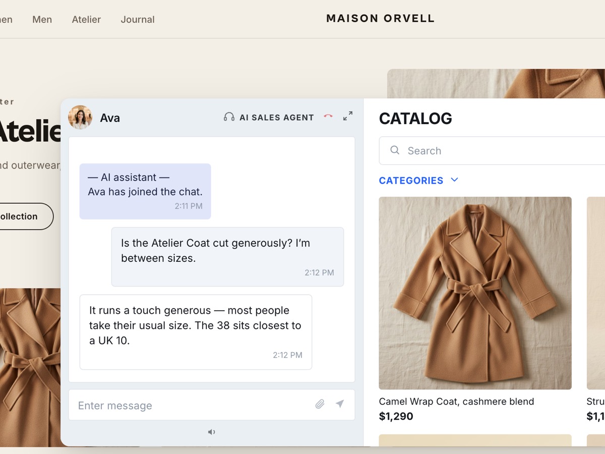 The AI answers a sizing question about the coat inside the storefront's own chat widget.