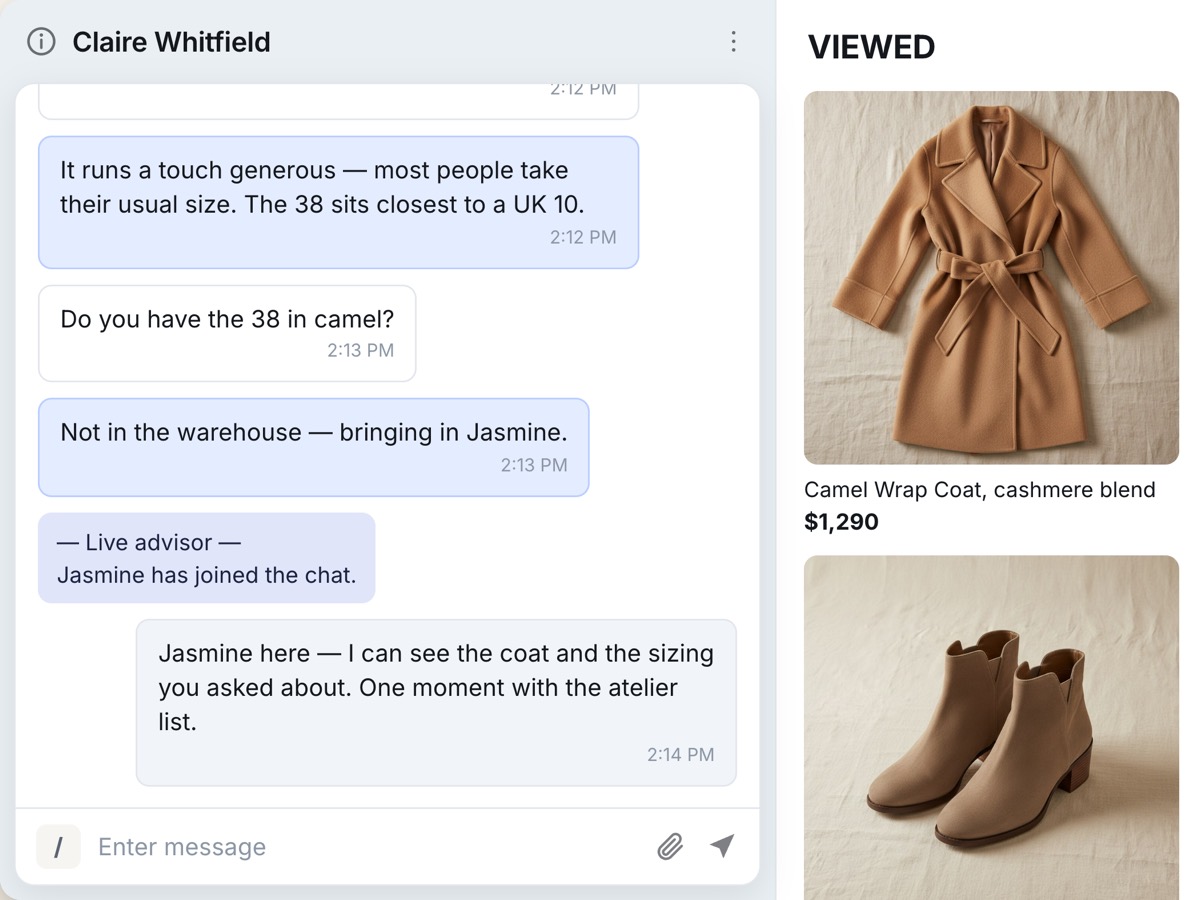 The advisor's console: the same conversation with the AI's replies in it, the shopper's name above, and what she viewed listed beside the thread.